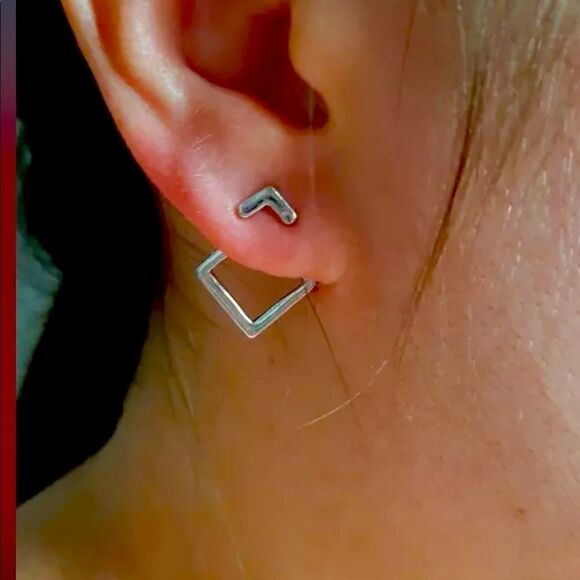 Silver Tone Square Jacket Stud Earrings - Picture 1 of 8